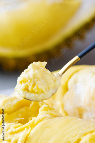 Eating Thai Golden Pillow durian flesh with a spoon