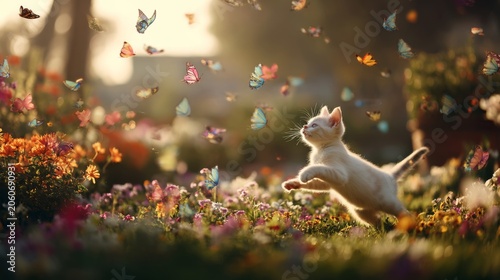 Playful White Kitten Chasing Colorful Butterflies in a Lush Flower Garden at Sunset with a Dreamy Atmosphere of Joy and Wonder