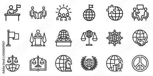Bild auf Leinwand Global diplomacy and international relations line icons collection featuring pea