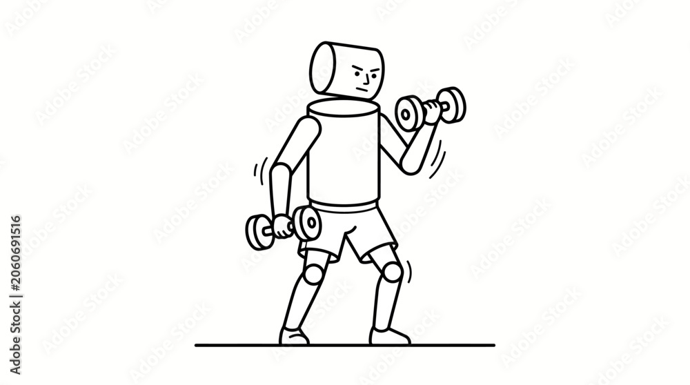 Fototapeta premium Stylized Robot Character Lifting Dumbbells, Focused Strength Training on Isolated White Background