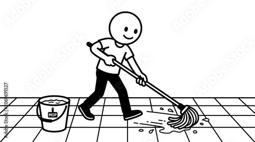 Bild auf Leinwand Diligent man mopping a tiled floor with a bucket in an isolated white background