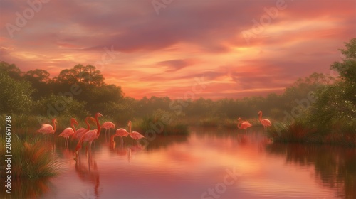 Serene Flamingos at Sunset by Tranquil Waters Enveloped in Vibrant Colors of Nature’s Palette with Lush Greenery and Soft Reflections
