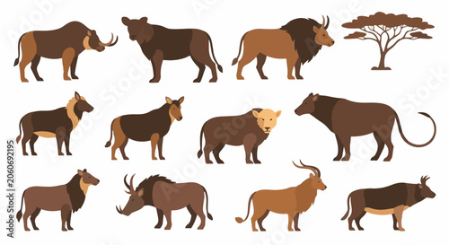 Vector collection of wild savanna and forest animals featuring silhouettes and flat designs of buffalo, antelope, wildebeest, lions, cattle, and a single acacia tree on white background.