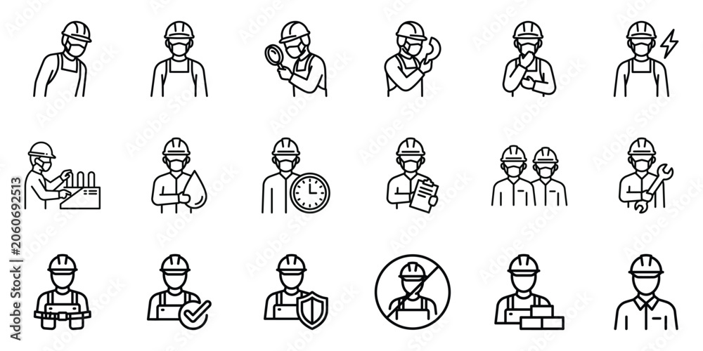 Fototapeta premium Set of construction worker and building site professional line icons with construction engineer industry professional