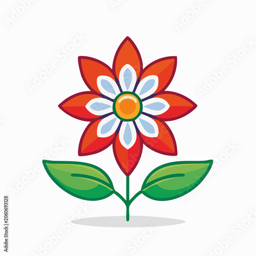 Stylized Red and White Flower with Green Leaves