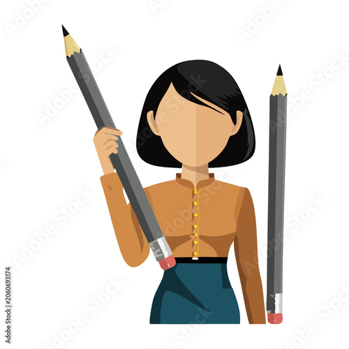 Woman holding large pencils in flat design illustration