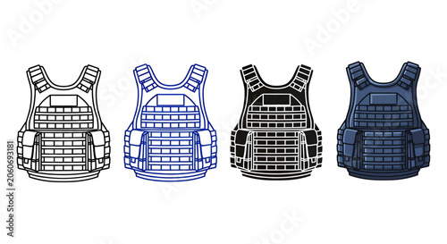 Set of four protective tactical vests in varied colors with grid panel design for display and training.