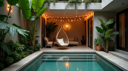 Modern cozy backyard patio at evening with small swimming pool and hanging egg chair