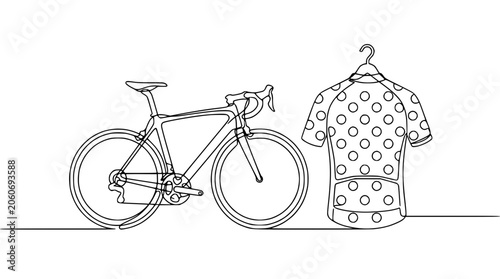 Road Bicycle and Polka Dot Cycling Jersey on Hanger, Minimalist Line Art Drawing