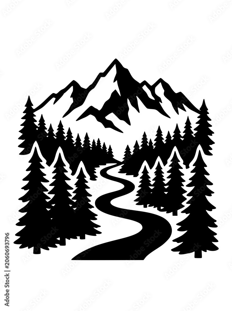 Obraz premium Mountain Landscape with Winding River and Pine Forest Silhouette Vector Art