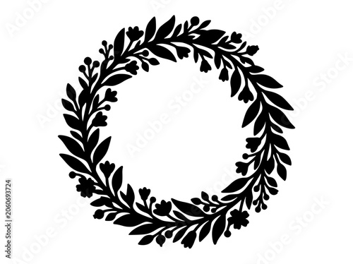 Black floral wreath silhouette with leaves and flowers vector illustration