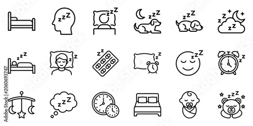 Fotografía Sleep and bedtime related outline icon set for healthy rest and insomnia concept