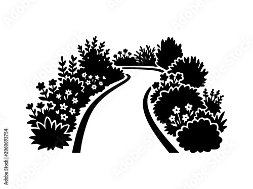 Garden Path with Flowers and Bushes Silhouette Illustration