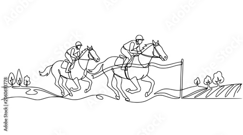 Картината върху платно Continuous line drawing of two jockeys racing horses towards finish line, equest