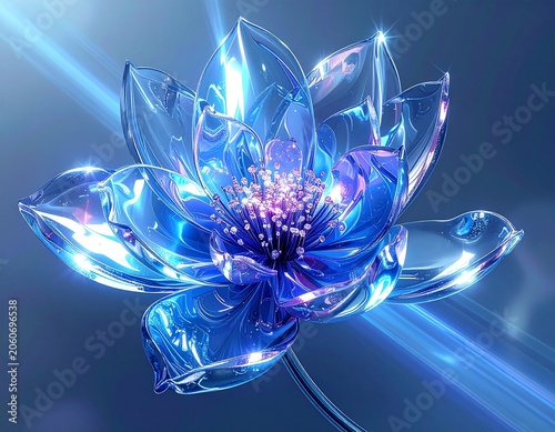 A beautiful, ethereal lotus flower crafted from shimmering blue glass, with delicate light rays emanating from its center