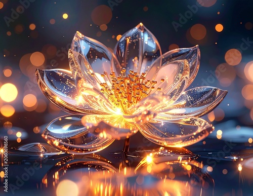 A luminous glass lotus flower glows with warm light, surrounded by shimmering bokeh effects, symbolizing serenity and inner peace