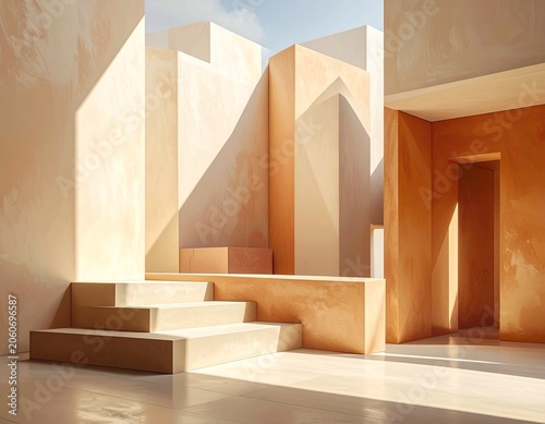 Abstract architectural space with clean lines and warm, earthy tones. Sunlight streams in, casting long shadows and highlighting the geometric shapes of the structure