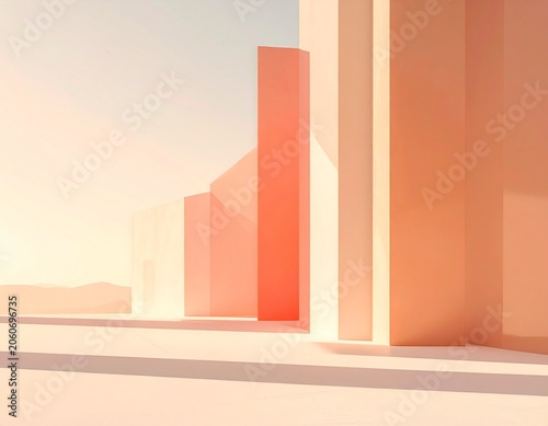 Geometric Abstract Architecture with Soft Peach and White Hues. Minimalist design featuring rectangular columns casting long shadows under a soft, hazy sky.