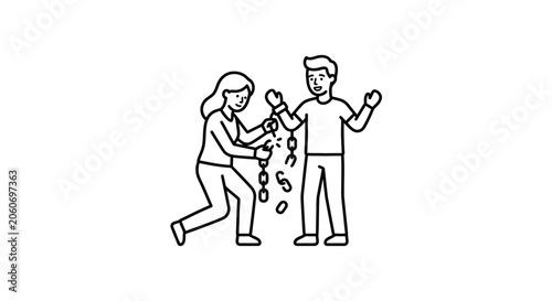 Obraz na płótnie A woman breaking chains off a man in a line art illustration.