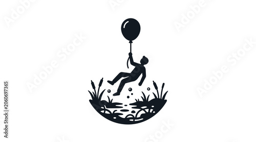 Quadro su tela A minimalist black silhouette illustration of a person floating above a marshy landscape holding a single balloon