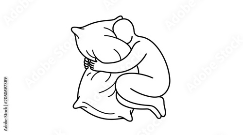 Obraz na płótnie A minimalist line drawing of a person curled up and hugging a large pillow