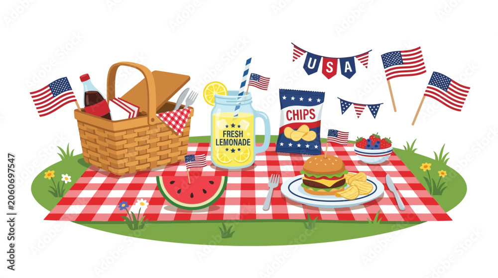 Obraz premium People enjoy outdoor picnic with food and American flags on blanket