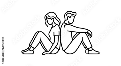 Obraz na płótnie Line art illustration of a couple sitting back to back in a state of conflict