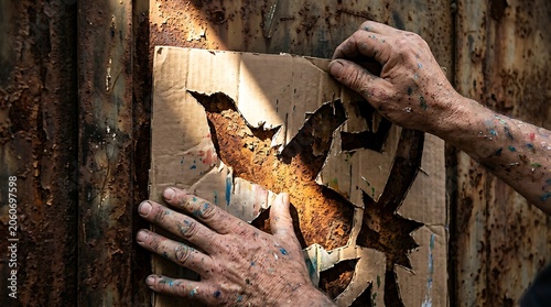 Artist holding cardboard bird stencil against rusty metal wall