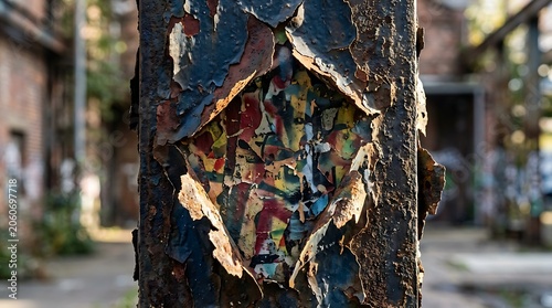Peeling rust on industrial metal beam revealing colorful graffiti