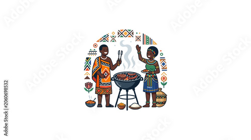 African Couple Grilling Food Traditional Clothing Illustration