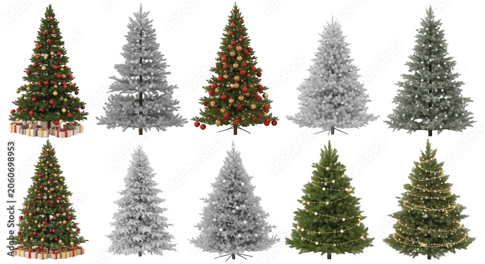 Fototapeta premium Collection of ten isolated christmas trees with various decorations, including red ornaments, white snow, golden lights, and wrapped gift boxes