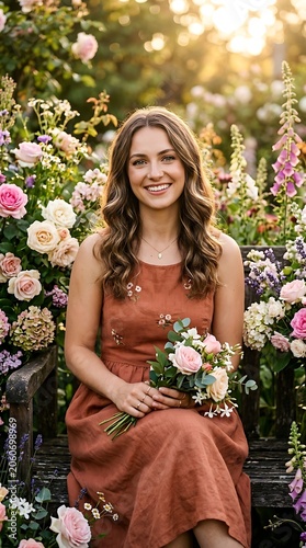 Radiant woman sitting on a wooden bench in a blooming flower garden