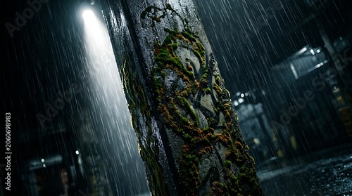 Mossy concrete pillar in heavy night rain with cinematic lighting