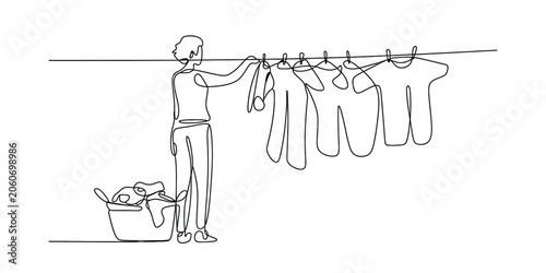 Continuous line drawing of a person hanging clothes on a laundry line with a basket Vector, illustration