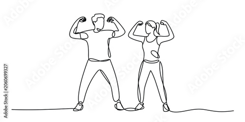 Continuous line drawing of a happy man and woman flexing their muscles to show strength and fitness Vector, illustration