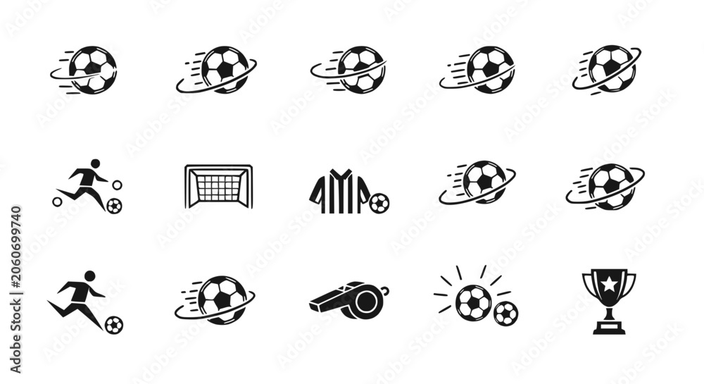 Fototapeta premium Soccer Icons Set: Football, Player, Goal, Referee, Whistle, Trophy - Vector Graphics