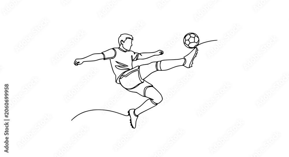 Fototapeta premium Continuous line drawing of a male soccer player kicking a ball in mid-air, dynamic action shot.