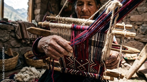 Indigenous woman weaving traditional textile on a manual loom