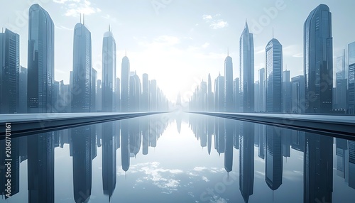 A futuristic city skyline reflected in a large body of water