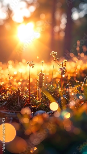 A serene landscape of a field at sunset with warm light