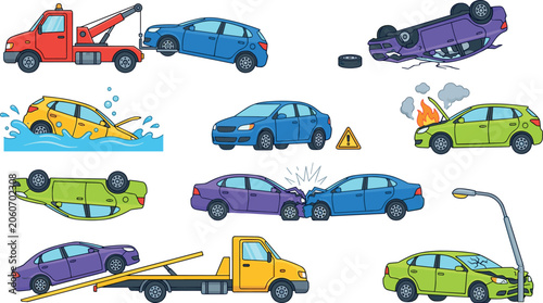 Tableau sur toile Car Crash and Auto Accident Vector Set with Tow Trucks, Collision Scenes, Overtu