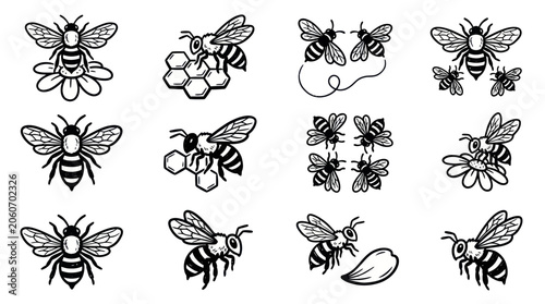 фотографія Collection of detailed bee illustrations in various poses and activities