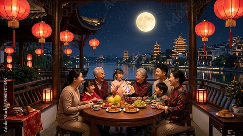 Family celebrating mid-autumn festival with dinner under the full moon