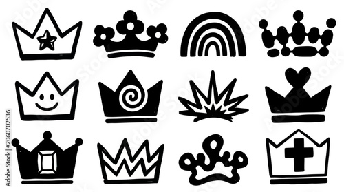 Foto Collection of Diverse Hand Drawn Crown Icons.