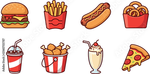 Colorful Flat Vector Fast Food Icon Set with Burger Fries Hot Dog Chicken Soda Milkshake and Pizza