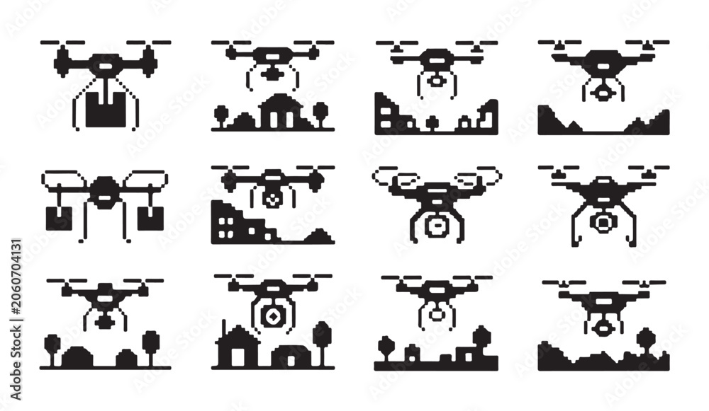 Obraz premium Pixel drone delivery and surveillance icons set. quadrocopters shipping packages, monitoring homes.
