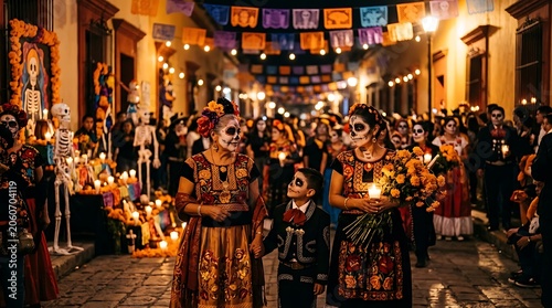 Mexican festival celebration with traditional skeleton makeup