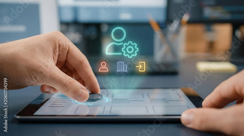 Professional using a digital tablet and tactile dial to manage user settings and enterprise profiles with futuristic holographic icons in a modern office.