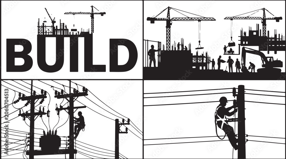 Obraz premium Professional vector illustrations depicting busy construction sites and diligent electricians maintaining essential power infrastructure
