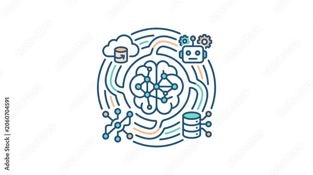 Naklejka premium Artificial intelligence brain network with data and robot icons.